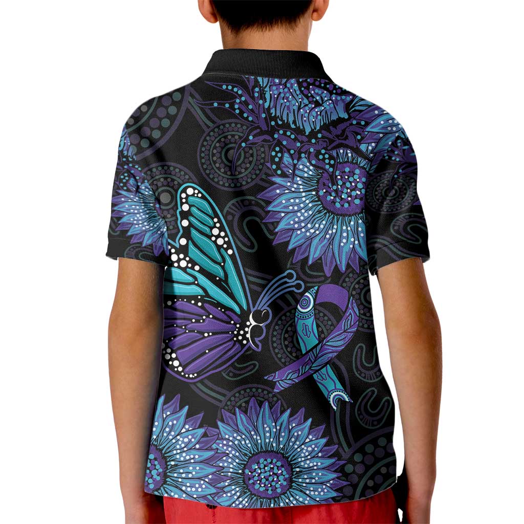 Australia Indigenous Kid Polo Shirt Teal & Purple Sunflower Aboriginal Arts