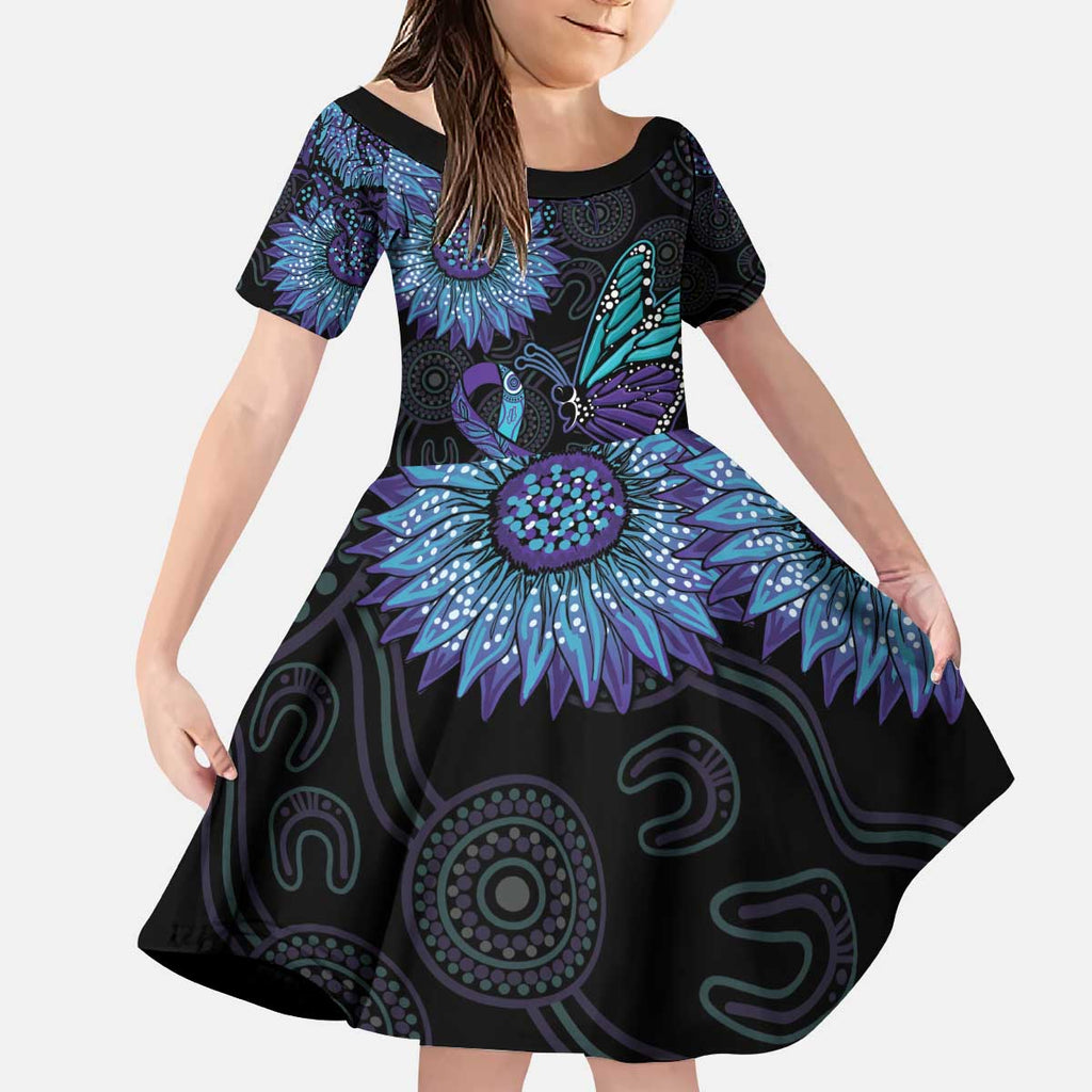 Australia Indigenous Kid Short Sleeve Dress Teal & Purple Sunflower Aboriginal Arts