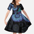 Australia Indigenous Kid Short Sleeve Dress Teal & Purple Sunflower Aboriginal Arts
