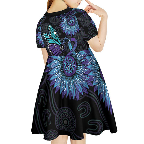 Australia Indigenous Kid Short Sleeve Dress Teal & Purple Sunflower Aboriginal Arts