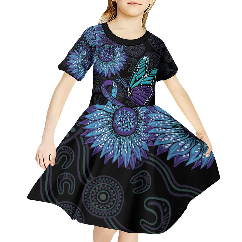 Australia Indigenous Kid Short Sleeve Dress Teal & Purple Sunflower Aboriginal Arts