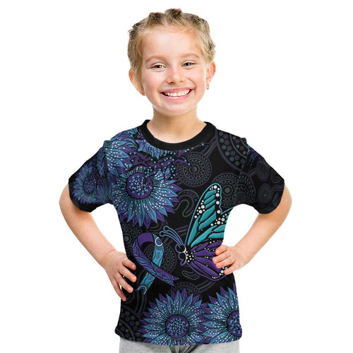 Australia Indigenous Kid T Shirt Teal & Purple Sunflower Aboriginal Arts