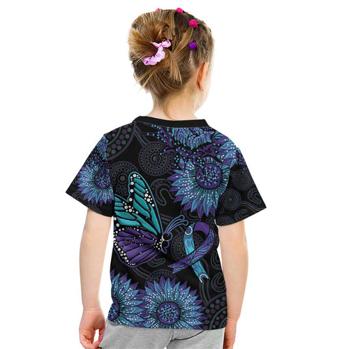 Australia Indigenous Kid T Shirt Teal & Purple Sunflower Aboriginal Arts