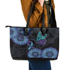 Australia Indigenous Leather Tote Bag Teal & Purple Sunflower Aboriginal Arts