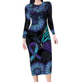 Australia Indigenous Long Sleeve Bodycon Dress Teal & Purple Sunflower Aboriginal Arts