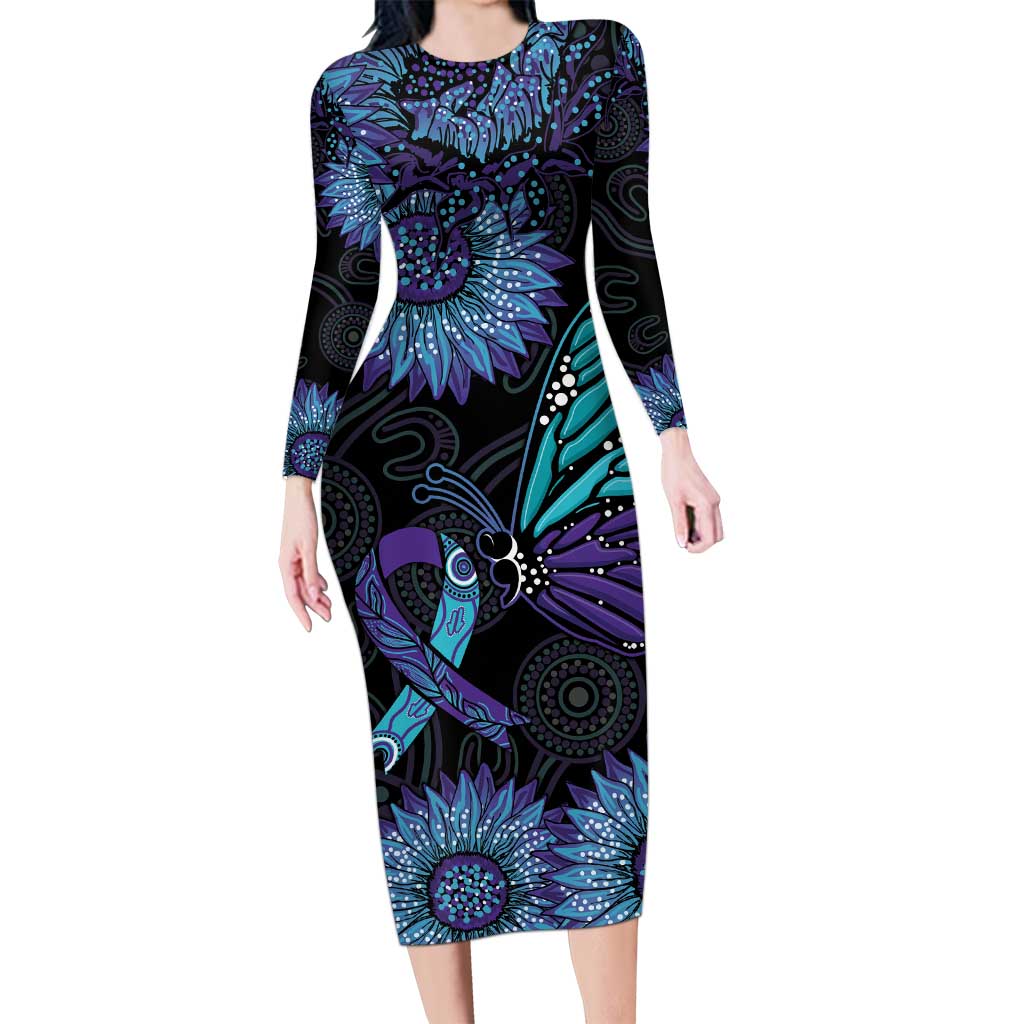Australia Indigenous Long Sleeve Bodycon Dress Teal & Purple Sunflower Aboriginal Arts