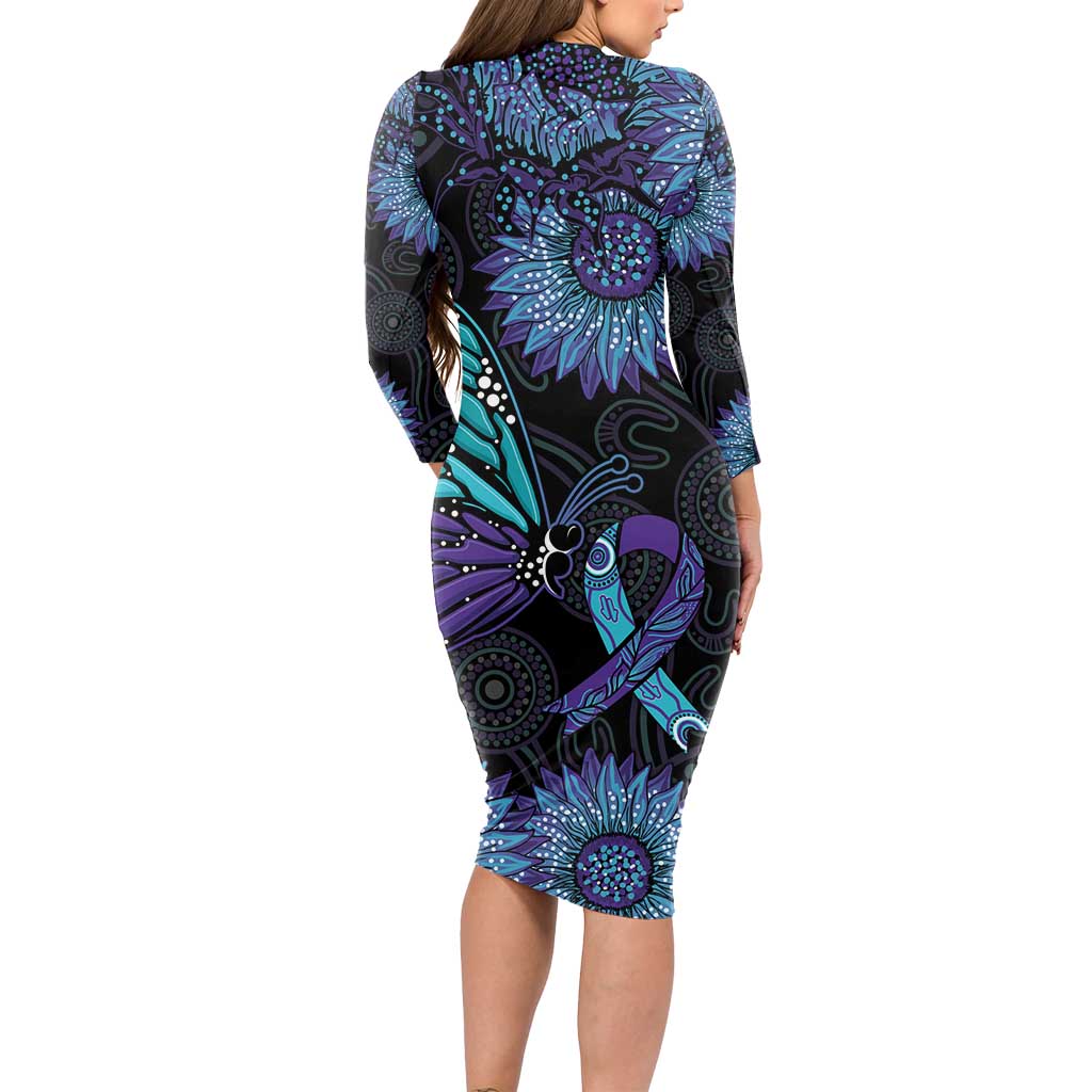 Australia Indigenous Long Sleeve Bodycon Dress Teal & Purple Sunflower Aboriginal Arts