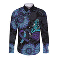 Australia Indigenous Long Sleeve Button Shirt Teal & Purple Sunflower Aboriginal Arts