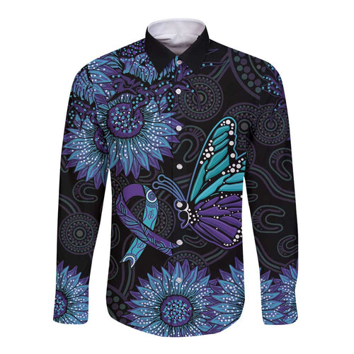 Australia Indigenous Long Sleeve Button Shirt Teal & Purple Sunflower Aboriginal Arts