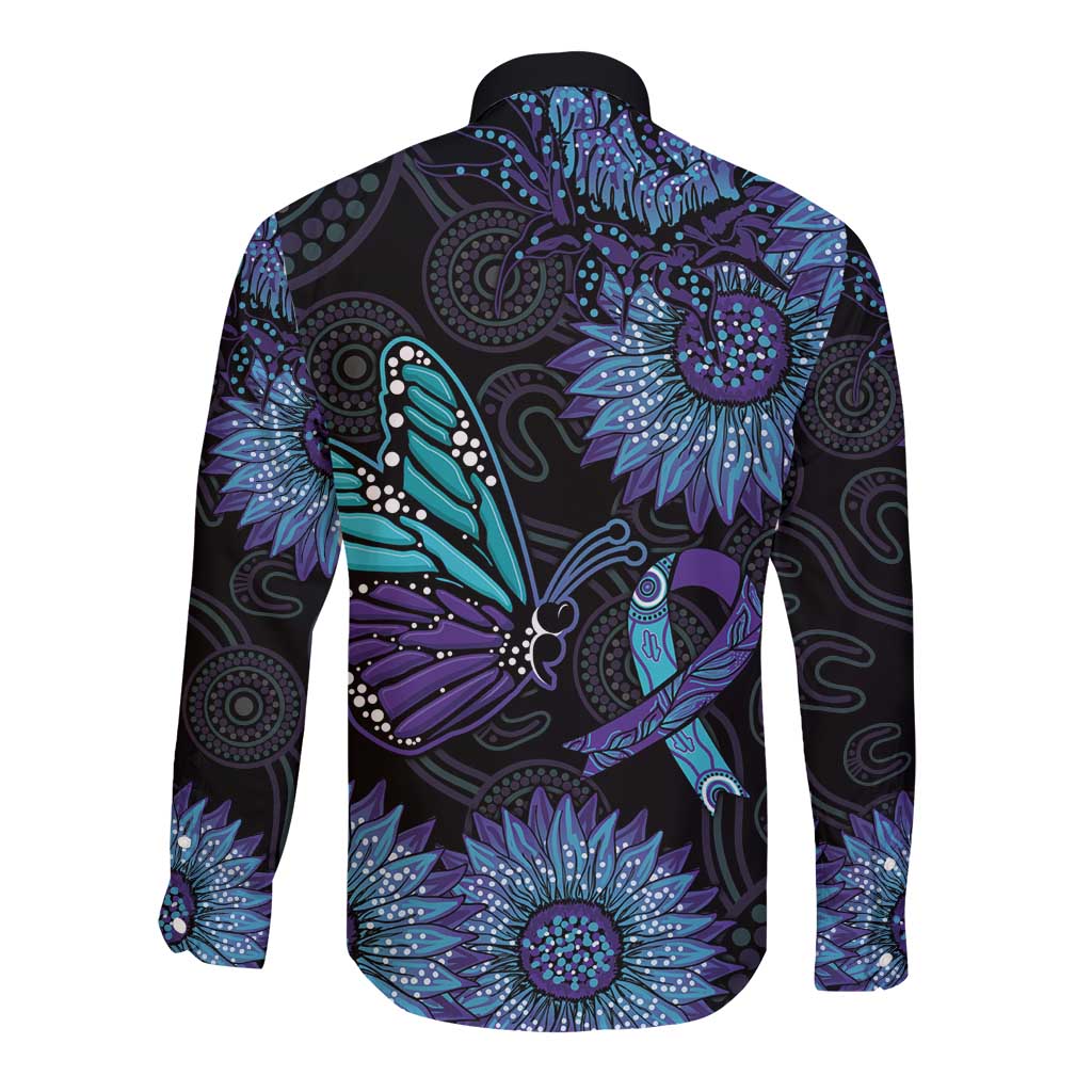 Australia Indigenous Long Sleeve Button Shirt Teal & Purple Sunflower Aboriginal Arts