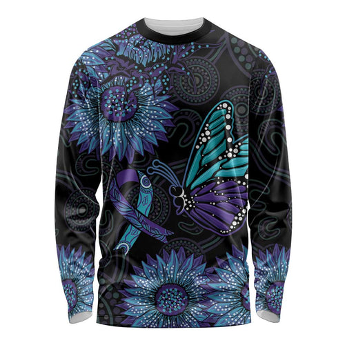 Australia Indigenous Long Sleeve Shirt Teal & Purple Sunflower Aboriginal Arts