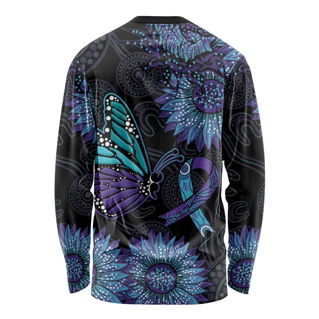 Australia Indigenous Long Sleeve Shirt Teal & Purple Sunflower Aboriginal Arts