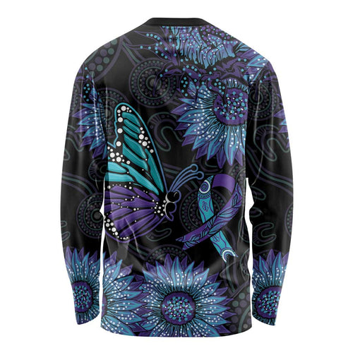 Australia Indigenous Long Sleeve Shirt Teal & Purple Sunflower Aboriginal Arts