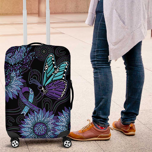Australia Indigenous Luggage Cover Teal & Purple Sunflower Aboriginal Arts