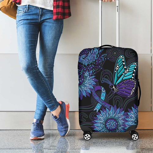 Australia Indigenous Luggage Cover Teal & Purple Sunflower Aboriginal Arts
