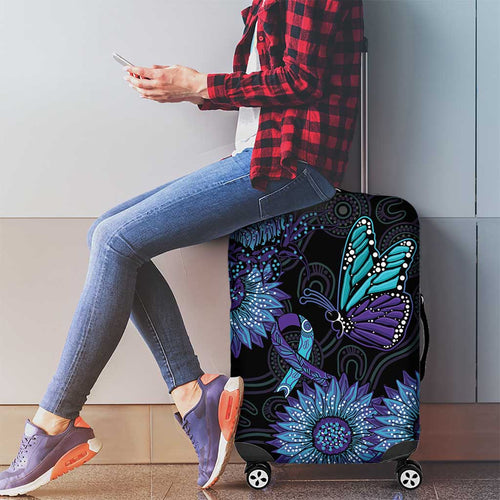 Australia Indigenous Luggage Cover Teal & Purple Sunflower Aboriginal Arts
