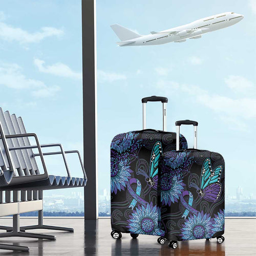 Australia Indigenous Luggage Cover Teal & Purple Sunflower Aboriginal Arts
