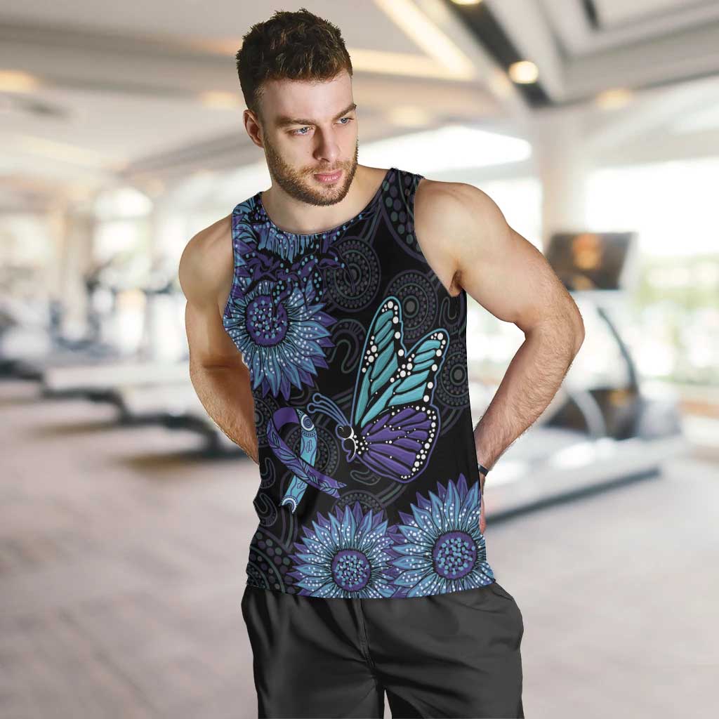 Australia Indigenous Men Tank Top Teal & Purple Sunflower Aboriginal Arts