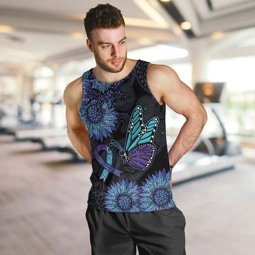 Australia Indigenous Men Tank Top Teal & Purple Sunflower Aboriginal Arts