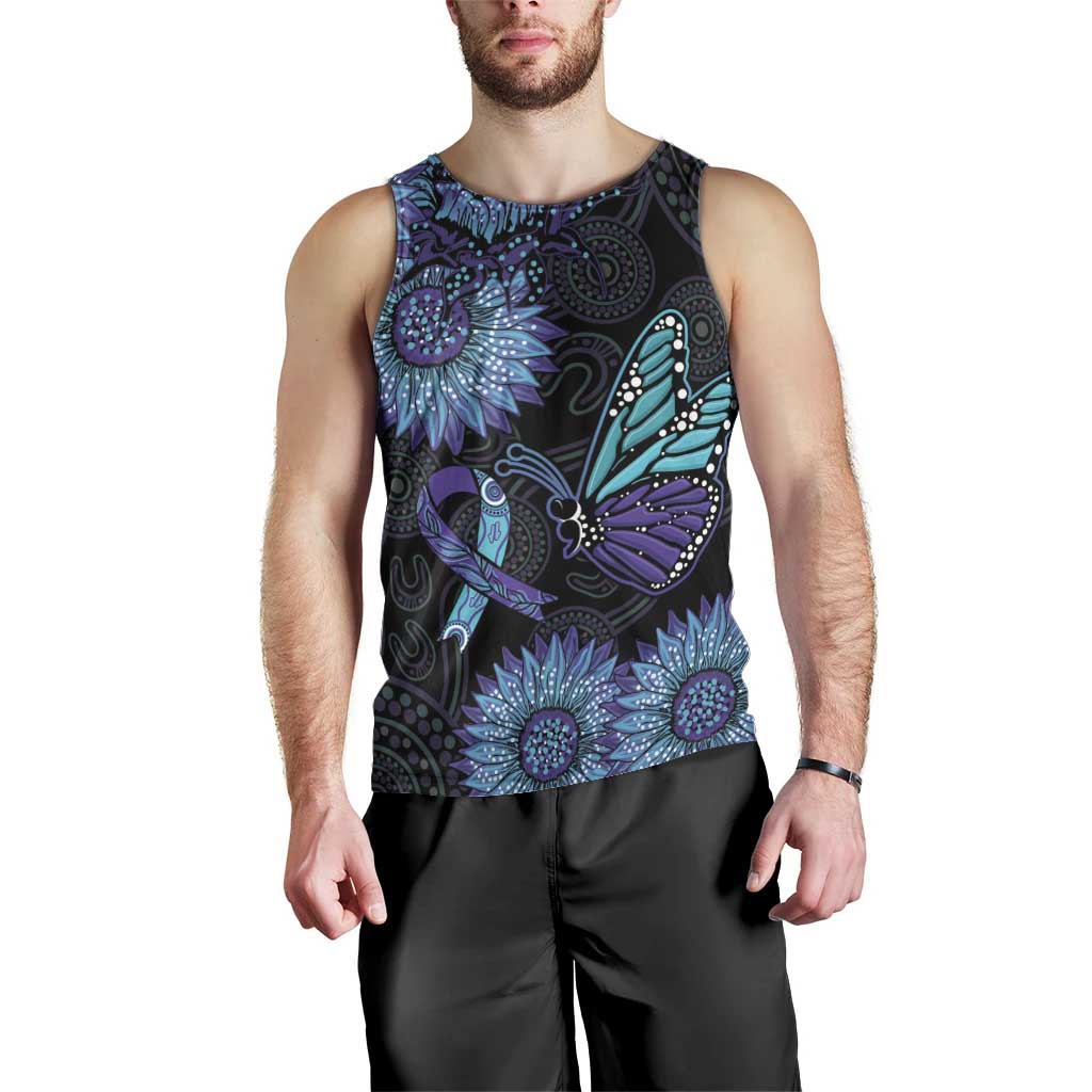 Australia Indigenous Men Tank Top Teal & Purple Sunflower Aboriginal Arts