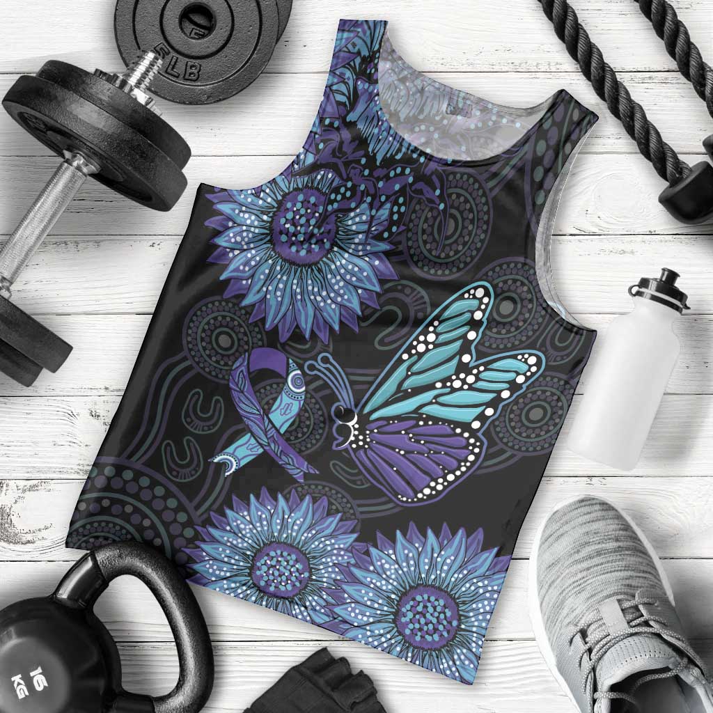 Australia Indigenous Men Tank Top Teal & Purple Sunflower Aboriginal Arts