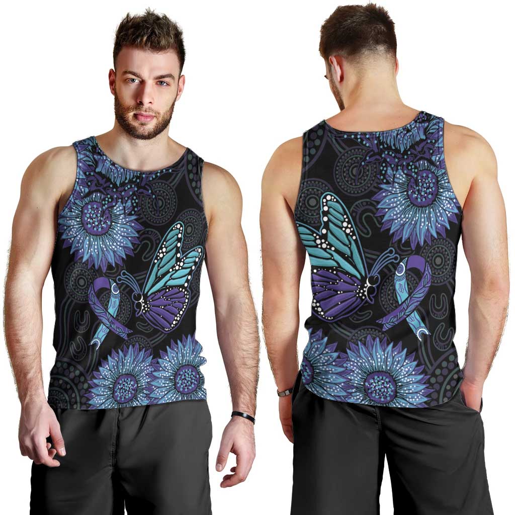 Australia Indigenous Men Tank Top Teal & Purple Sunflower Aboriginal Arts