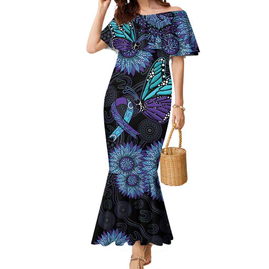 Australia Indigenous Mermaid Dress Teal & Purple Sunflower Aboriginal Arts