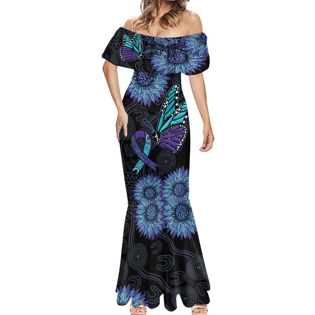 Australia Indigenous Mermaid Dress Teal & Purple Sunflower Aboriginal Arts