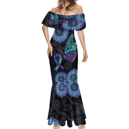 Australia Indigenous Mermaid Dress Teal & Purple Sunflower Aboriginal Arts