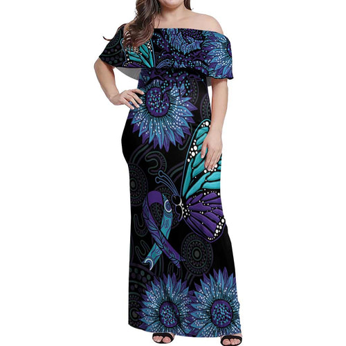 Australia Indigenous Off Shoulder Maxi Dress Teal & Purple Sunflower Aboriginal Arts