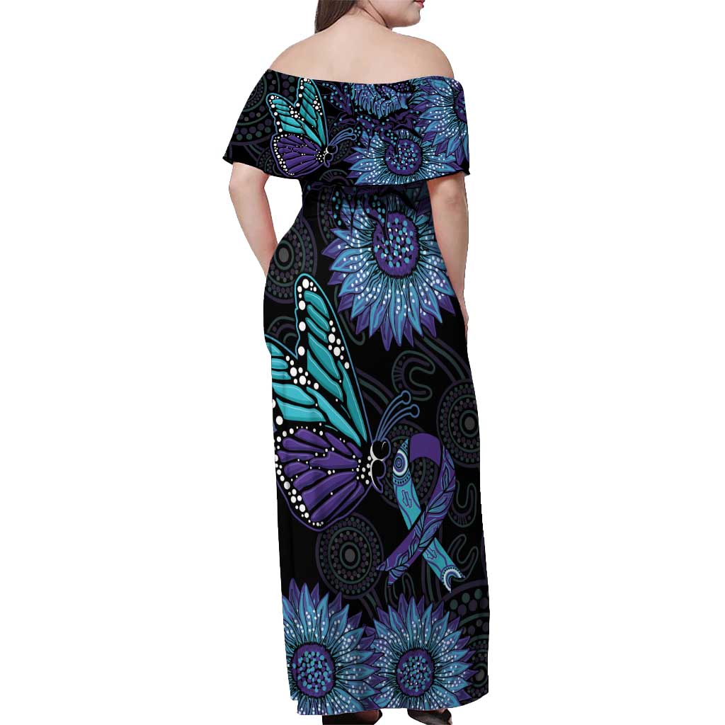 Australia Indigenous Off Shoulder Maxi Dress Teal & Purple Sunflower Aboriginal Arts