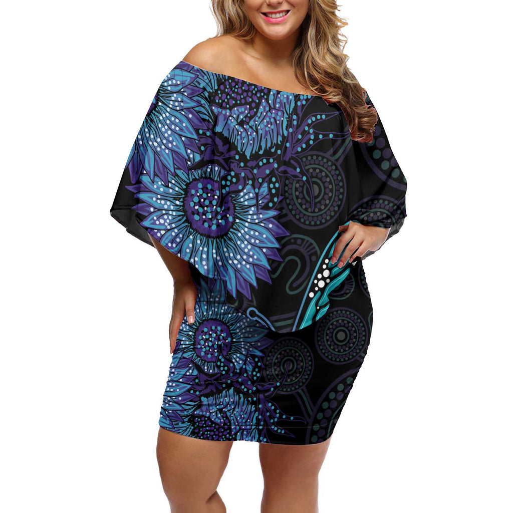 Australia Indigenous Off Shoulder Short Dress Teal & Purple Sunflower Aboriginal Arts