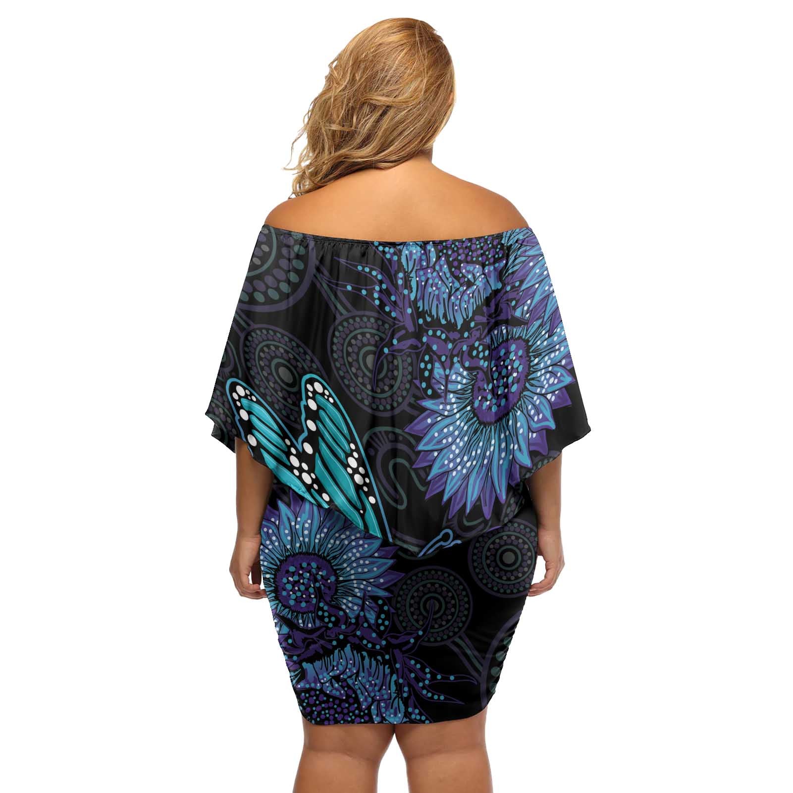 Australia Indigenous Off Shoulder Short Dress Teal & Purple Sunflower Aboriginal Arts