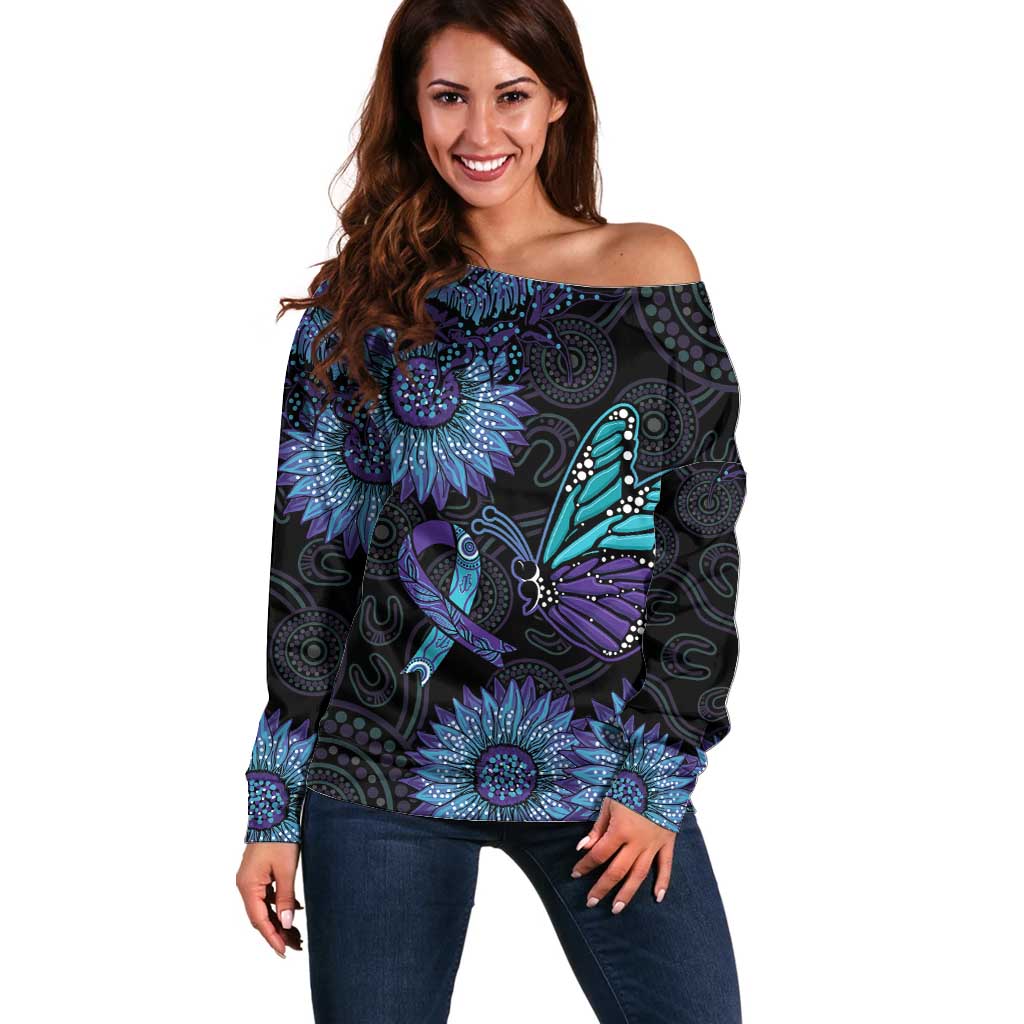 Australia Indigenous Off Shoulder Sweater Teal & Purple Sunflower Aboriginal Arts
