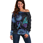 Australia Indigenous Off Shoulder Sweater Teal & Purple Sunflower Aboriginal Arts