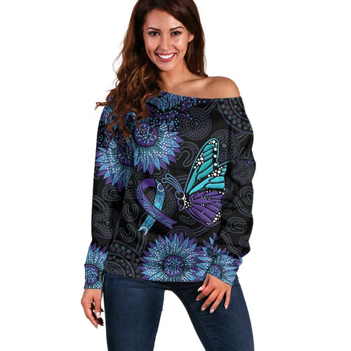 Australia Indigenous Off Shoulder Sweater Teal & Purple Sunflower Aboriginal Arts