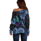 Australia Indigenous Off Shoulder Sweater Teal & Purple Sunflower Aboriginal Arts