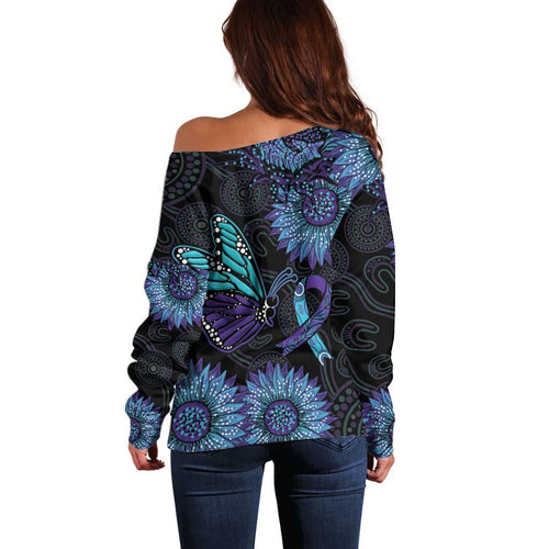 Australia Indigenous Off Shoulder Sweater Teal & Purple Sunflower Aboriginal Arts