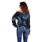 Australia Indigenous Off Shoulder Sweater Teal & Purple Sunflower Aboriginal Arts