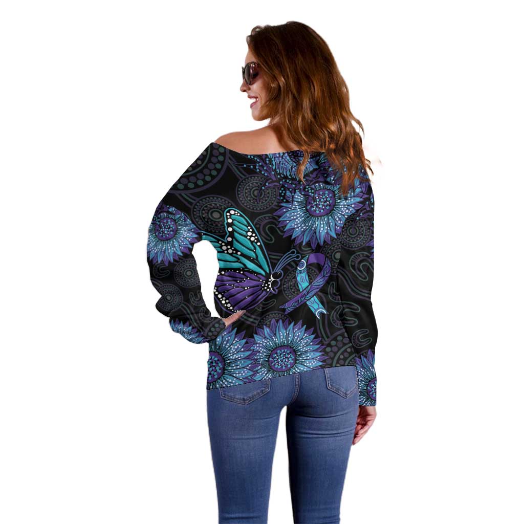 Australia Indigenous Off Shoulder Sweater Teal & Purple Sunflower Aboriginal Arts