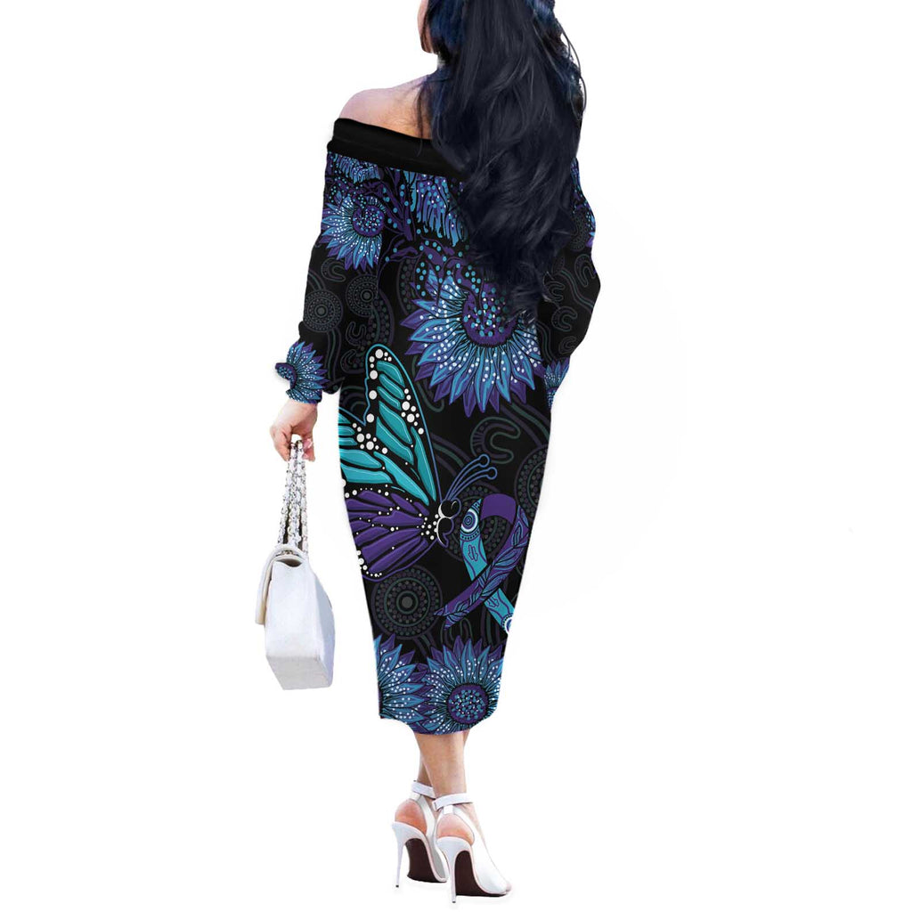 Australia Indigenous Off The Shoulder Long Sleeve Dress Teal & Purple Sunflower Aboriginal Arts