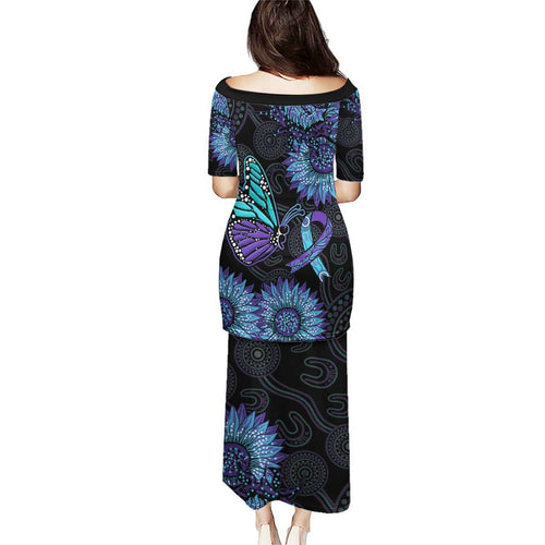 Australia Indigenous Puletasi Teal & Purple Sunflower Aboriginal Arts