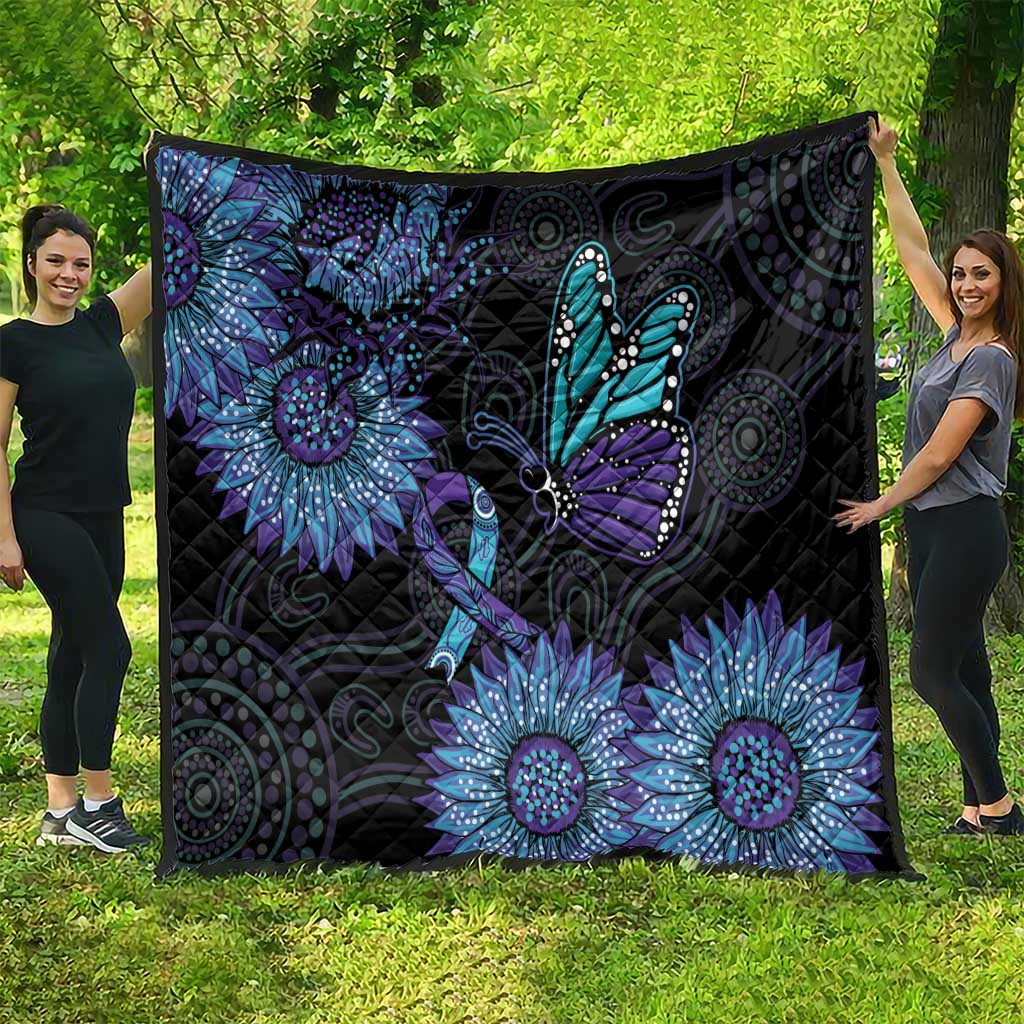 Australia Indigenous Quilt Teal & Purple Sunflower Aboriginal Arts