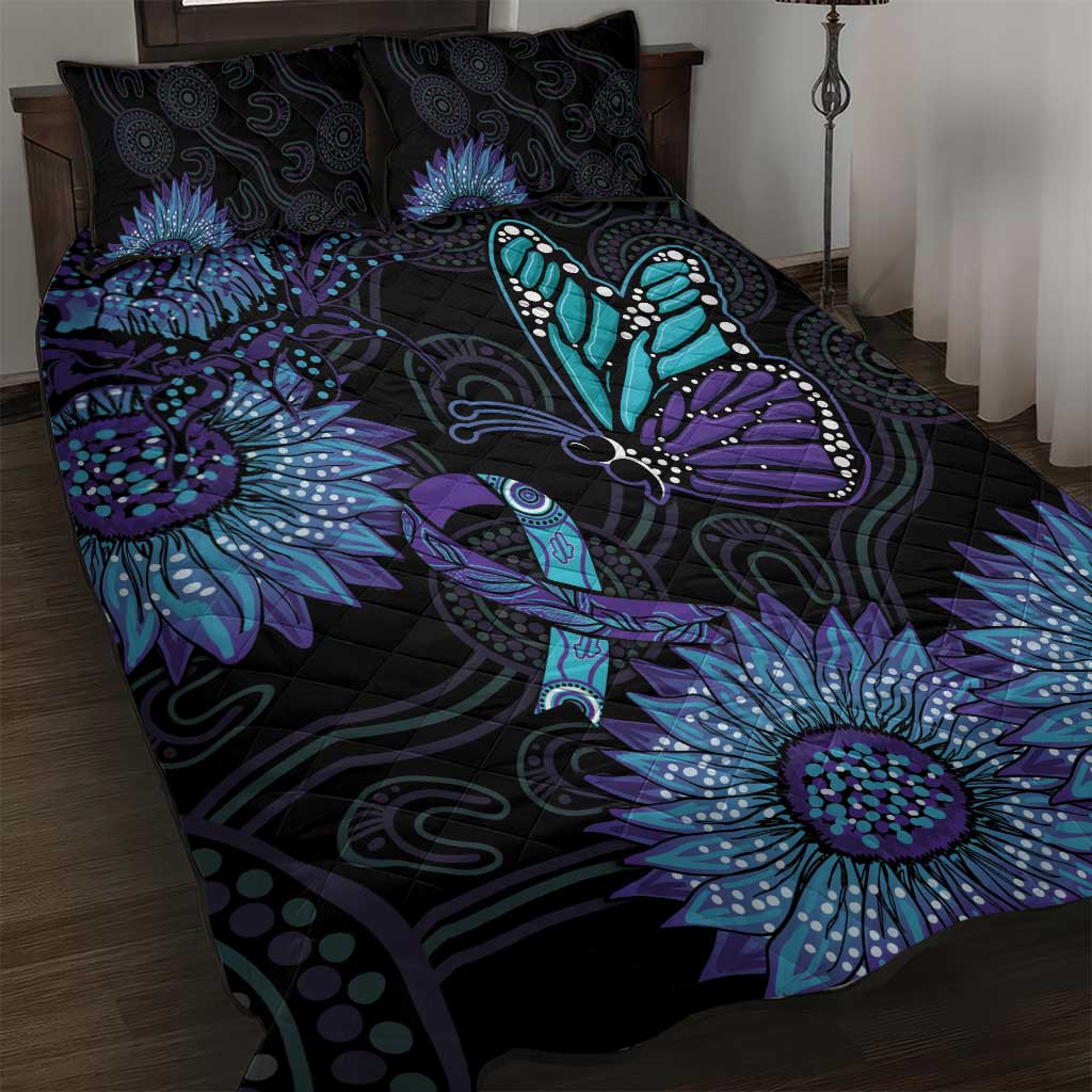 Australia Indigenous Quilt Bed Set Teal & Purple Sunflower Aboriginal Arts