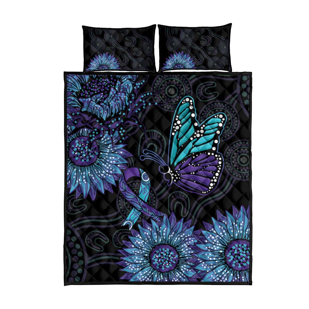 Australia Indigenous Quilt Bed Set Teal & Purple Sunflower Aboriginal Arts