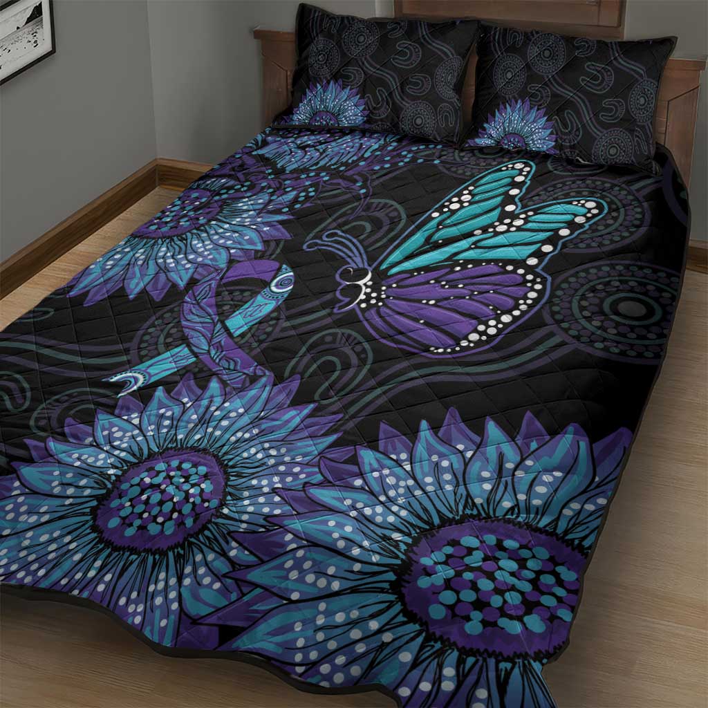 Australia Indigenous Quilt Bed Set Teal & Purple Sunflower Aboriginal Arts
