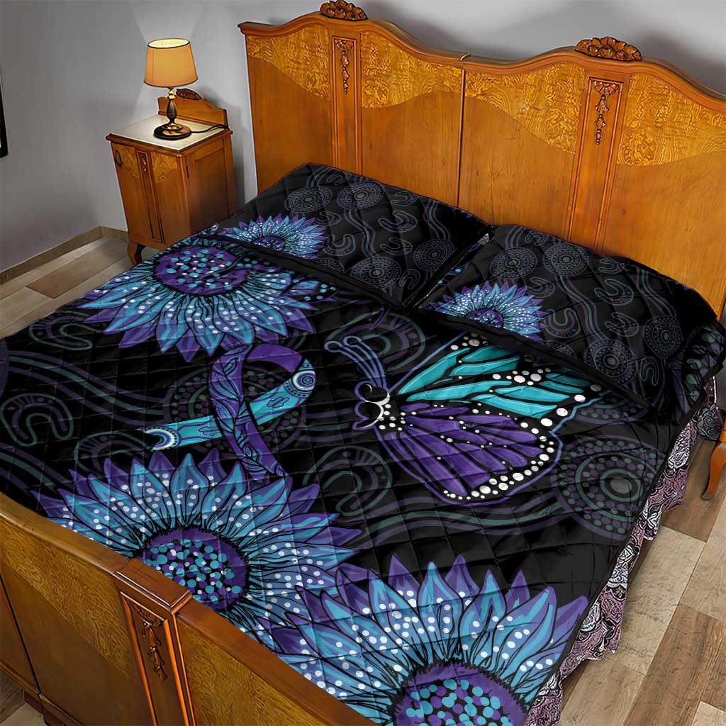 Australia Indigenous Quilt Bed Set Teal & Purple Sunflower Aboriginal Arts