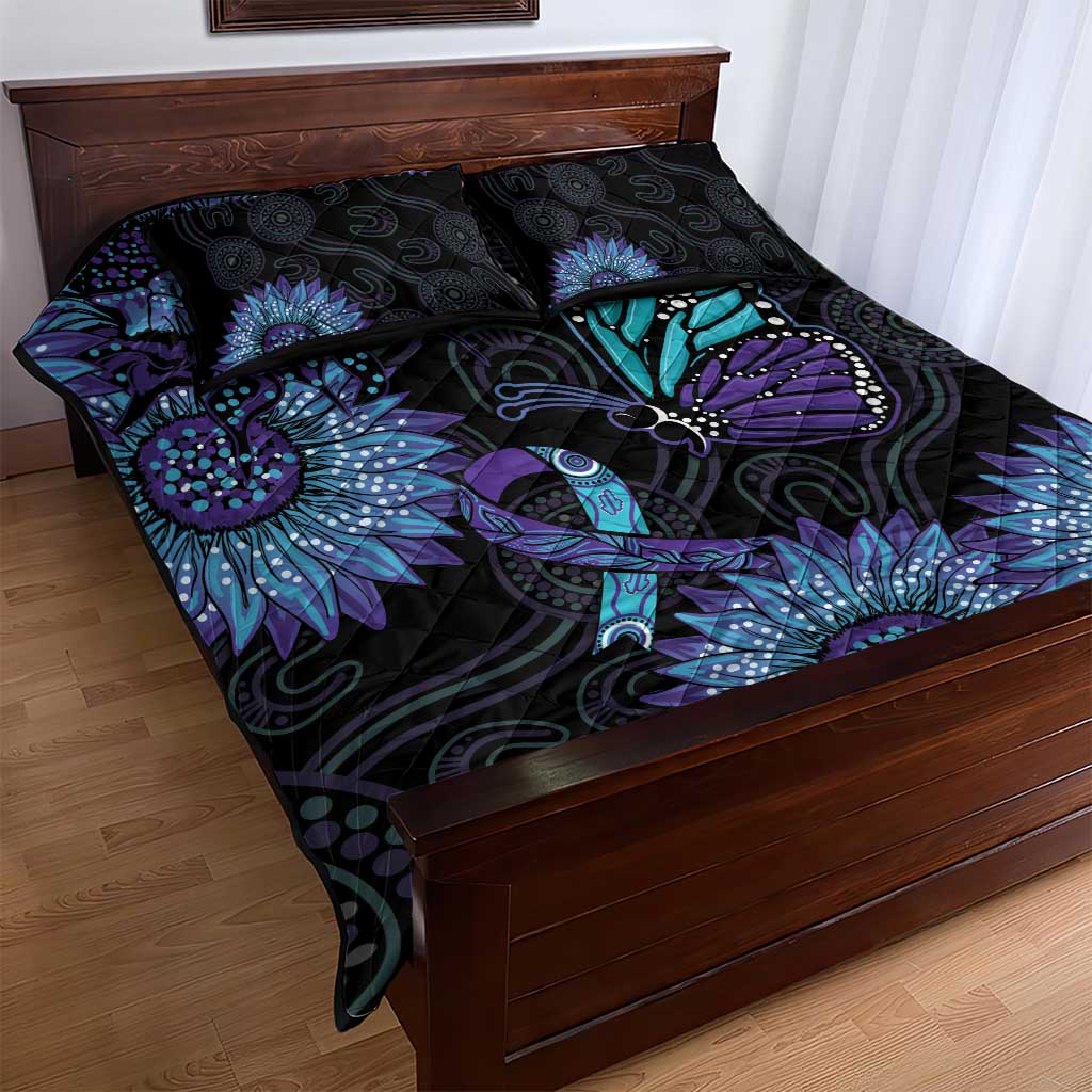 Australia Indigenous Quilt Bed Set Teal & Purple Sunflower Aboriginal Arts