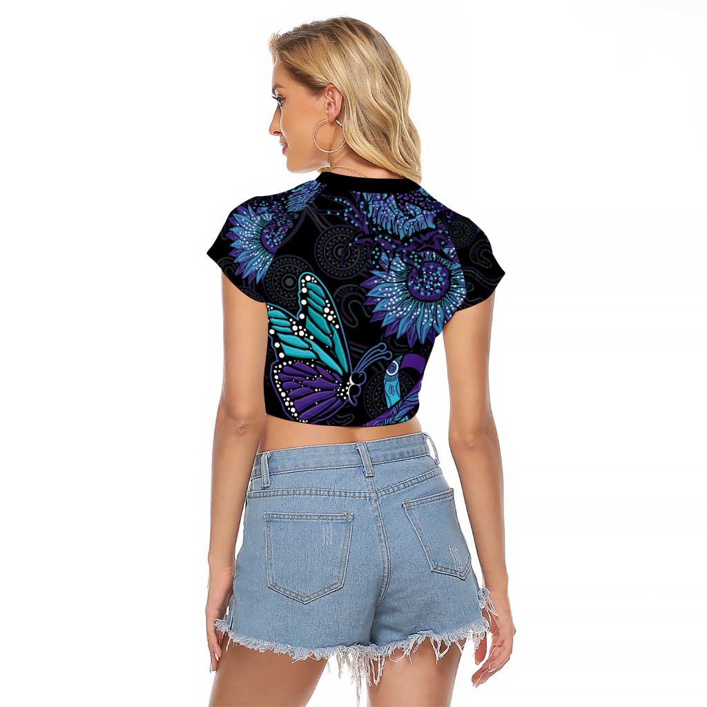 Australia Indigenous Raglan Cropped T Shirt Teal & Purple Sunflower Aboriginal Arts