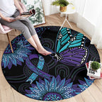 Australia Indigenous Round Carpet Teal & Purple Sunflower Aboriginal Arts